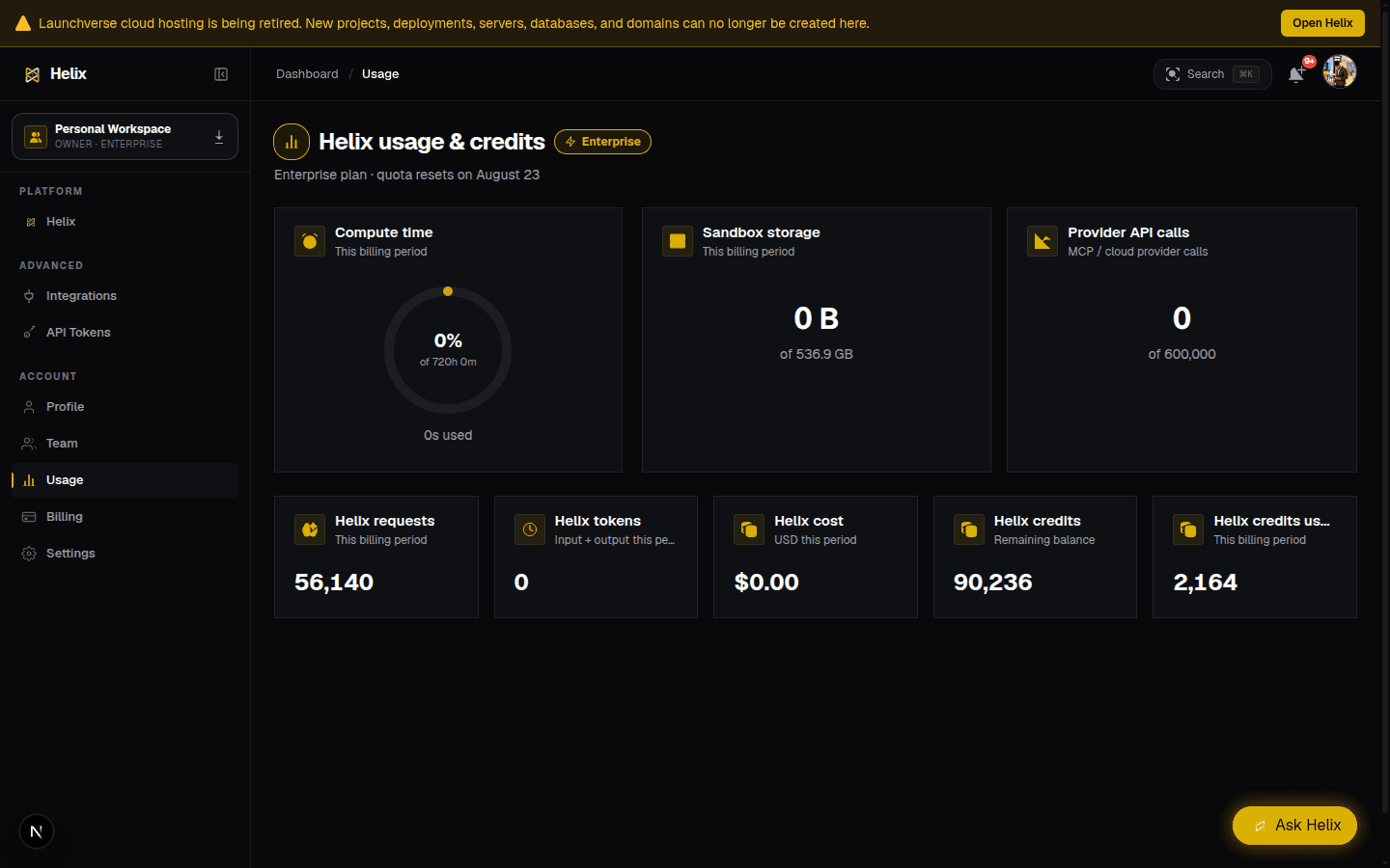 Helix usage and credits dashboard